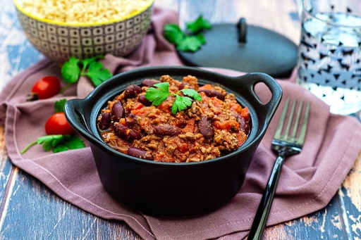 Dès 15/18 mois : Déjeuner - Courge aux petits oignons et persil, Pâtes à l'huile d'olive et bolognaise de Haricots rouges Texture "Morceaux" DLC 01/05/2025