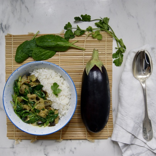 Dès 10/12 mois : Déjeuner - Curry d'aubergines et d'épinards (riz, curry, curcuma, cumin, gingembre et coriandre) et filet de Poulet à la crème Texture "Mouliné" DLC 01/07/2025