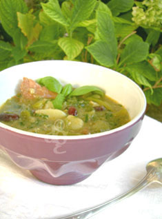 Dès 6/8 mois : Déjeuner - Soupe au pistou (courgette, tomates, haricots vert, pommes de terre,  pâtes, bleu d'Auvergne, emmental, ail, basilic) et Filet de Poulet Texture "Lisse" DLC 30/07/2025